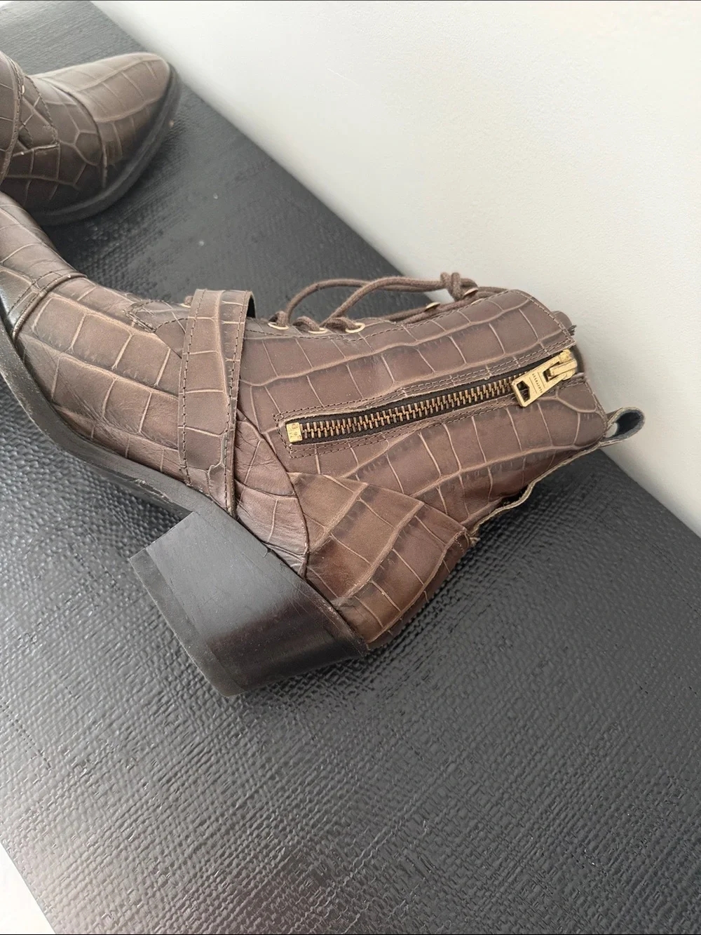 All Saints Brown Croc-Embossed Lace-Up Ankle Booties